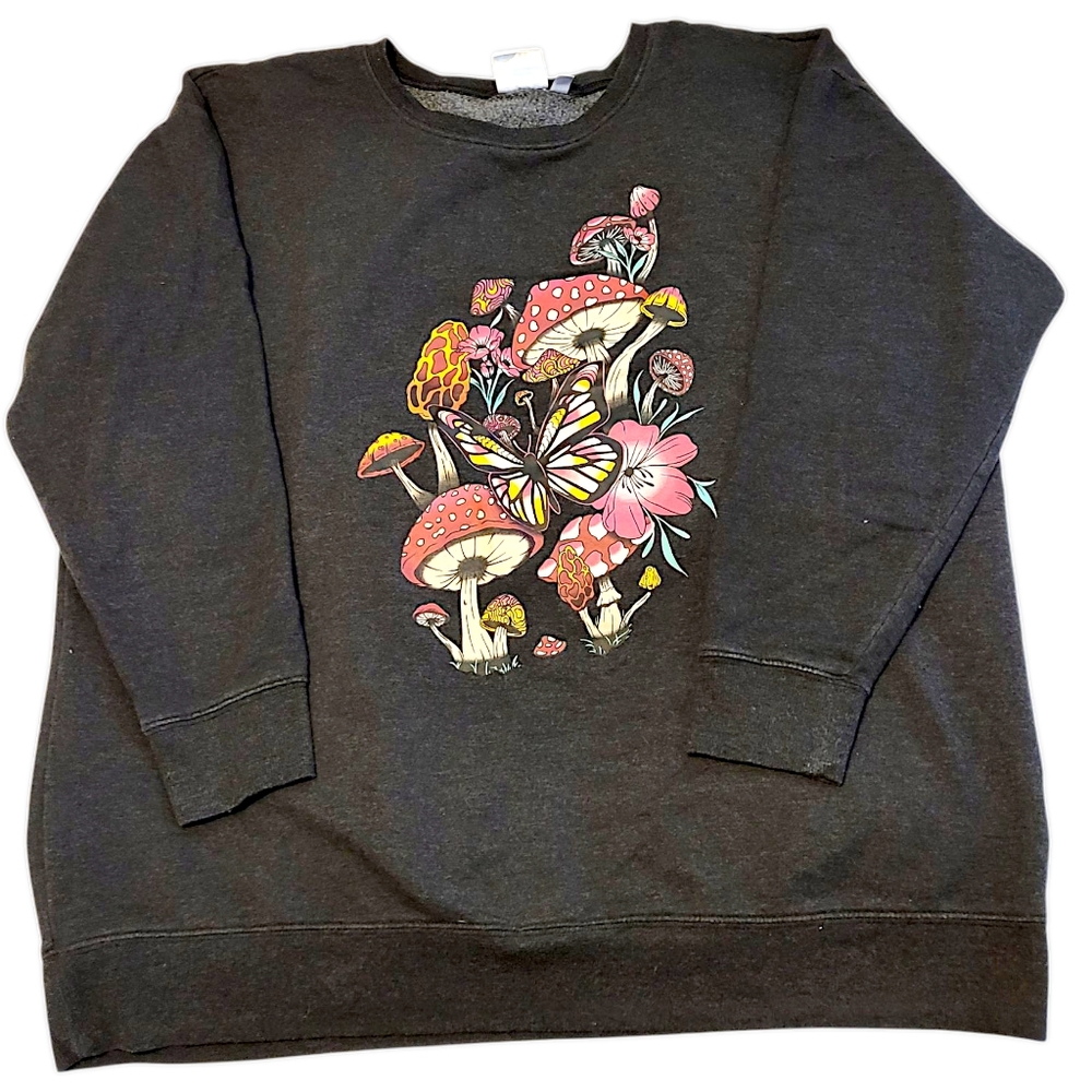 TORRID WOMENS SIZE 1 (1X) BLACK CREWNECK SWEATER W/ COLORFUL MUSHROOM PRINT